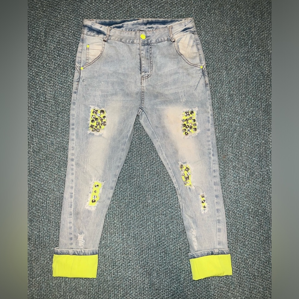 Women’s Sergia Mavis Italy Rhinstone Patchwork Jeans Sz 42/XS/S